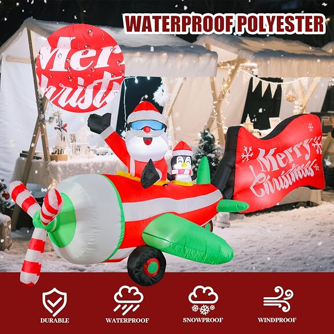 VCUTEKA Christmas Inflatables Outdoor Decorations, 10.5FT Blow Up Airplane Santa Claus and Penguin, Animated Christmas Inflatable Rotating Propeller, LED Light Yard Decoration for Holiday Garden