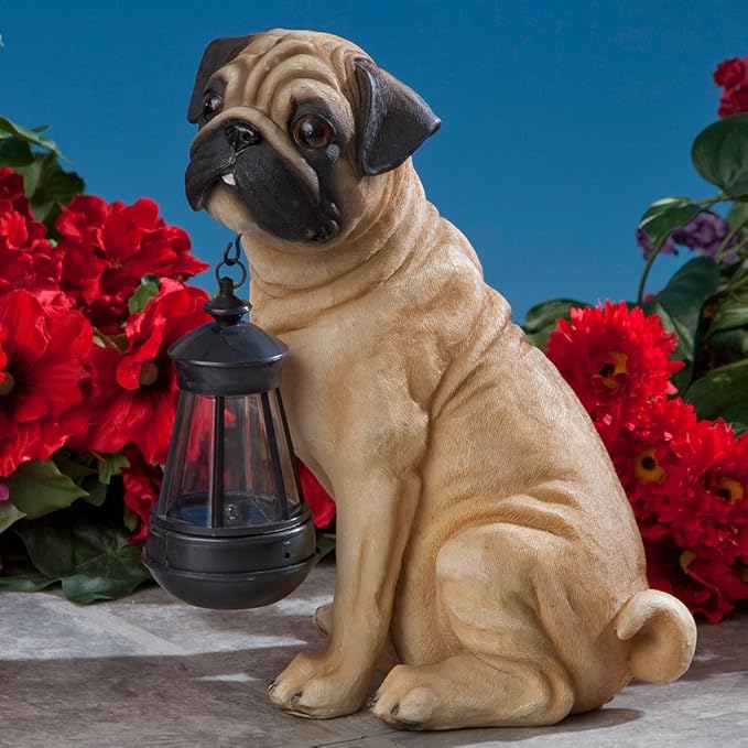 Bits and Pieces - Fawn Pug Solar Lantern Statue - Solar Powered Garden Lantern - Resin Dog Sculpture with LED Light - Outdoor Lighting and Décor