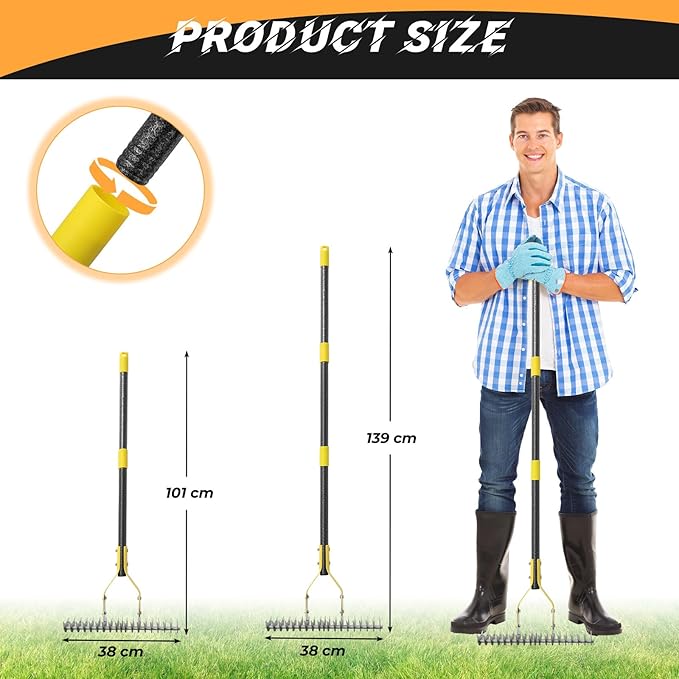 Thatch Rake, 19-Tine Lawn Leveling Dethatcher Rake with Long Adjustable Steel Metal Handle, 70" Gardening Tools for Loosen The Soil,Laying Sod, Removing Thatch and Cleaning Leaves