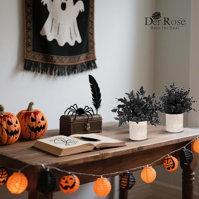 Der Rose 3 Pack Black Mini Potted Fake Plants Decor Artificial Eucalyptus Plants Topiaries for Halloween Black Bathroom Accessories Home Office Desk Farmhouse Room Table Decor