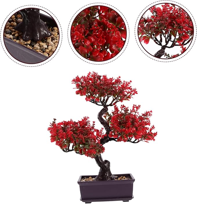 Cabilock Artificial Bonsai Tree, Fake Potted Bonsai Plants Decoration, Desktop Realistic Welcoming Pine Ornament for Home Office Entryway Chests Decor, Red