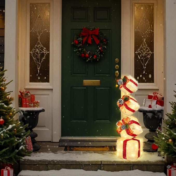 Christmas Lighted Gift Boxes Decorations Set of 4, 2.8Ft Stackable Christmas Nesting Boxes Battery Operated with Timer for Home and Party Decoration