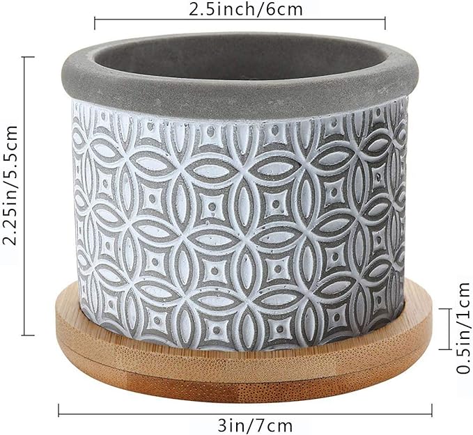 T4U 2.5 Inch Cement Succulent Planter Pot with Bamboo Tray Set of 3, Small Grey Concrete Pot Cactus Plant Container Herb Window Box Decoration for Home Office Gardening Birthday