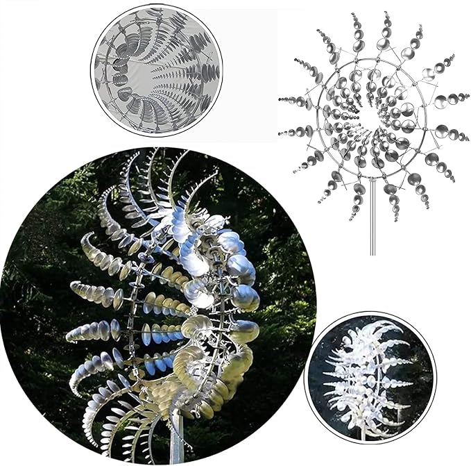 Magical Metal Windmill, Stainless Steel Windmill,Kinetic Metal Wind Spinners Garden Stake, 3D Wind Sculptures Move with The Wind Lawn Solar Wind Catcher Outdoor Patio Garden Decoration (SILVER-1PCS)