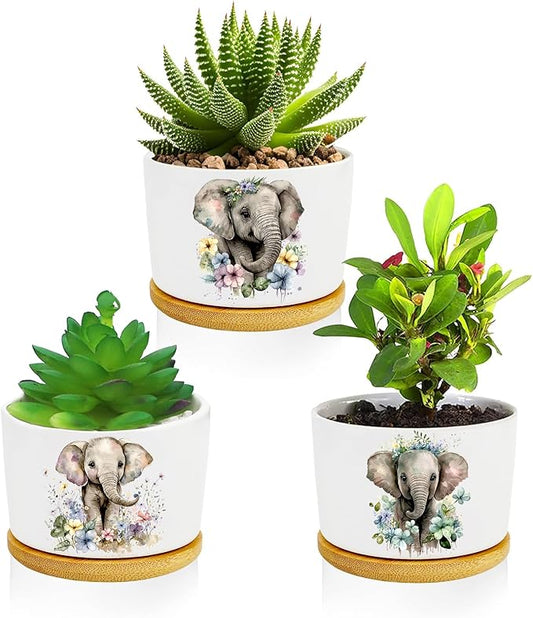 Elephants Succulent Pots 3 Pack, 3 Inch Succulent Planters with Drainage and Bamboo Tray, Elephants Gifts for Women, Ceramic Small Pots for Baby Plants, Cactus, Herbs- Plants Not Included