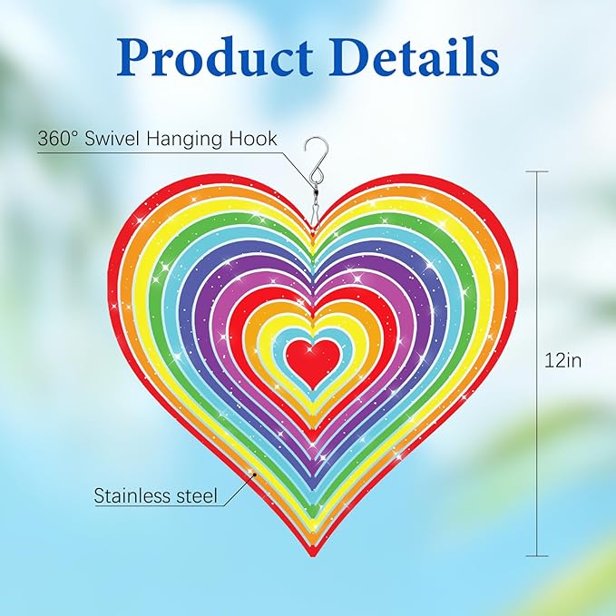 Love Heart Wind Spinners Outdoor, Hanging Wind Spinners for Birthday Christmas Thanksgiving, 12 inch Outdoor Indoor Hanging Ornament for Garden Porch Backyard Lawn