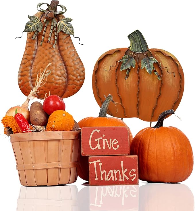 2X Pumpkin Garden Stake Metal Pumpkin Yard Sign Fall Decor, Decorative Garden Decor Pumpkin Outdoor Stakes Autumn Harvest Thanksgiving Halloween Rustic Pumpkin Décor Home (Orange, 20" H, 17" H)