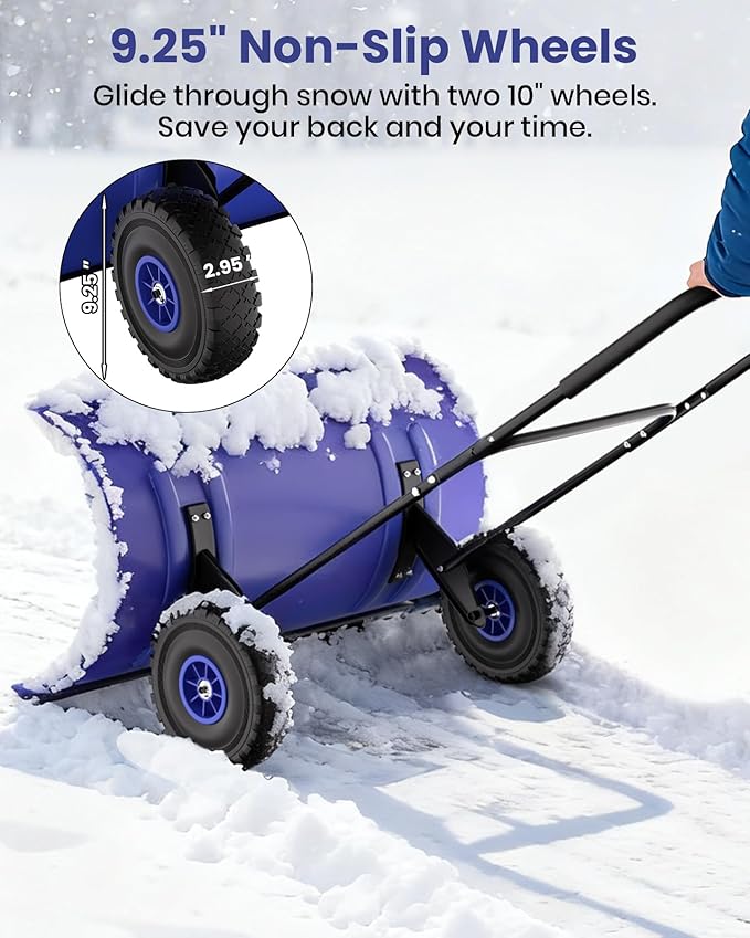 Snow Pusher with Wheels for Driveway, 36" Wide Heavy Duty Steel Blade, 2-Position Height Adjustment & 60° Tilt Handle, Ergonomic Push Snow Shovel with Ground Protection for Effortless Snow Removal