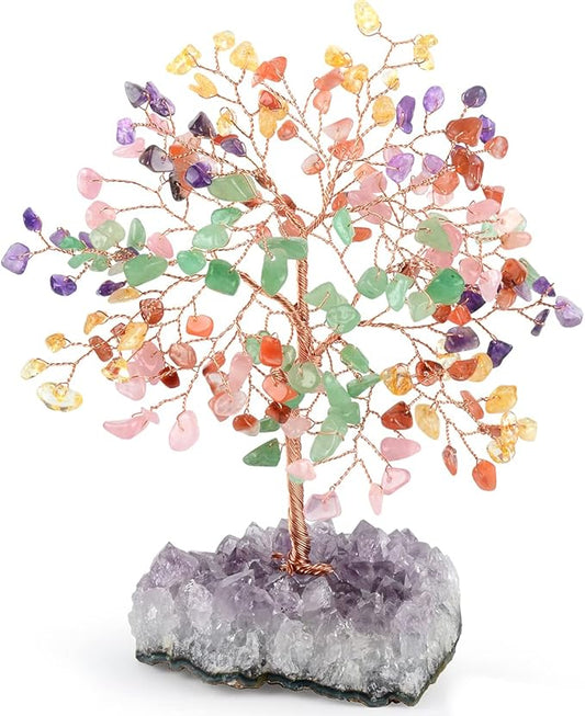 Gemstone Crystal Treeof Life,Chakra Tree Multi Stone Amethyst Cluster Base,Feng Shui Home Decor Bonsai Money Tree,Positive Energy Healing Crystals,Spriture Gift,Size 5.5"-6.3"