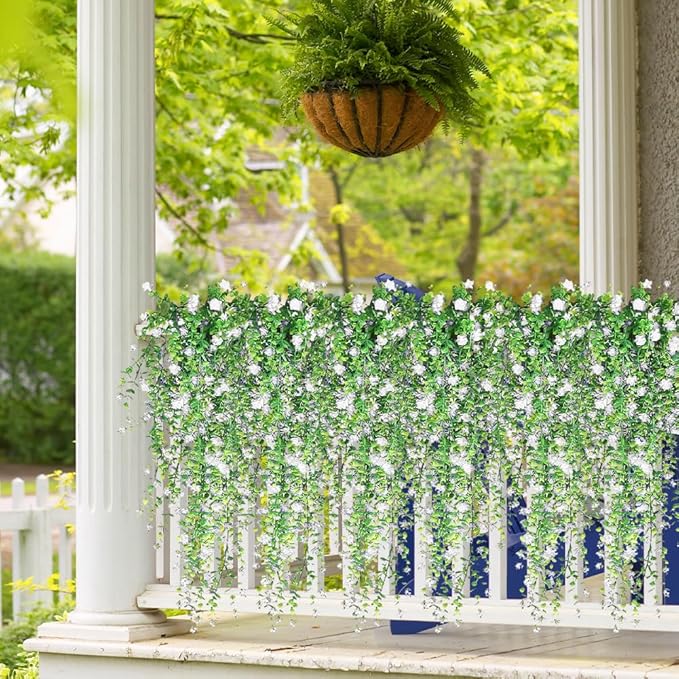 Artificial Hanging Flowers, 3 Pcs Fake Hanging Plants Decor, Artificial Vines for Outdoors, UV Resistant No Fade Artificial Fake Hanging for Indoor Decoration Outdoor Porch Courtyard (White)