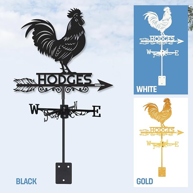 Personalized Rooster Metal Weather Vane, Custom Family Name Weathervane, Wind Direction Indicator, Weather Vanes Roof Mount, Wind Vane Outdoor Decor for Yard Farmhouse Cupolas, Housewarming Gifts
