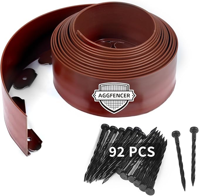 4 in x 50 Ft Garden Landscape Edging, No Dig Garden Edging Border Kit with 92 Pcs Spikes for Flower Bed Lawn Yard Grass Brown