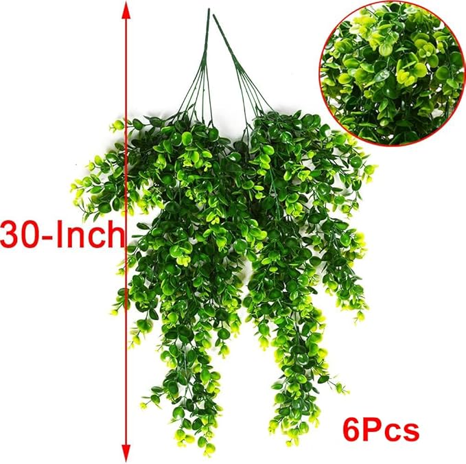 6pcs Artificial Hanging Plants Fake Hanging Plant Faux Eucalyptus Leaf Greenery Vine Outdoor UV Resistant Plastic Plants (6, Green)