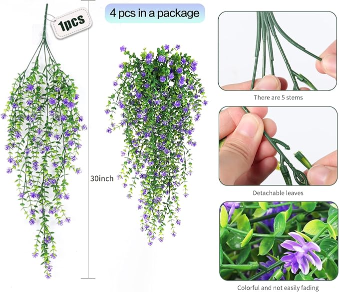 SJL Hanging Greenery 4pcs Realistic Artificial Plants Indoor Artificial Hanging Plants Outdoor Fake Eucalyptus Faux Ivy Plastic Flowers Leaves Decor for Bedroom Porch Wall (Purple)