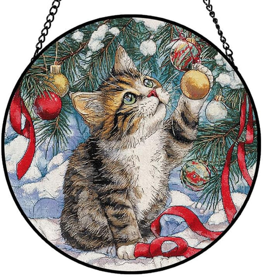 Stained Glass Window Hanging – 6.3 in Christmas Kitten Panel with Chain， Bathroom Front Door Living Room Garden Decor， Gift for Mom Wife Lovers