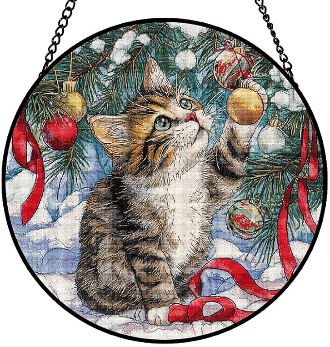 Stained Glass Window Hanging – 7.8 in Christmas Kitten Panel with Chain， Bathroom Front Door Living Room Garden Decor， Gift for Mom Wife Lovers