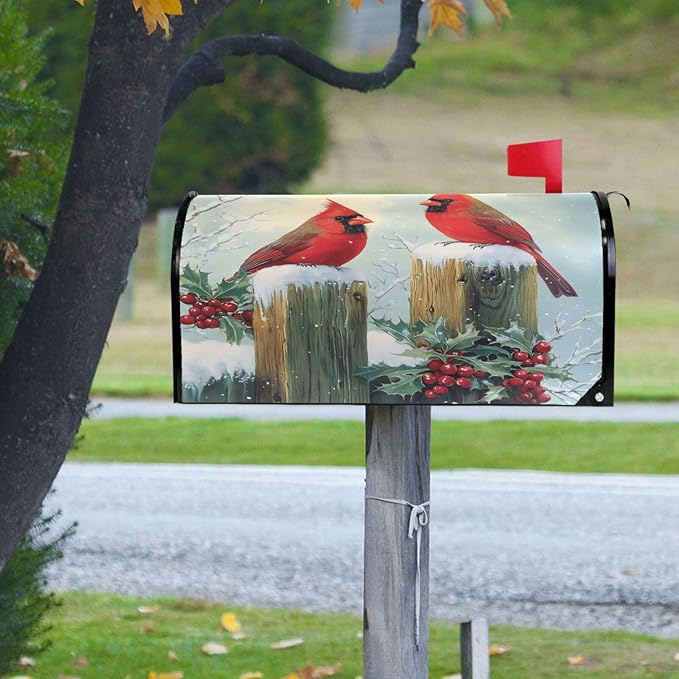 SUABO Mailbox Cover Two Cardinals Standard Magnetic Mailbox Covers Wraps for Christmas Home Yard Garden Decor