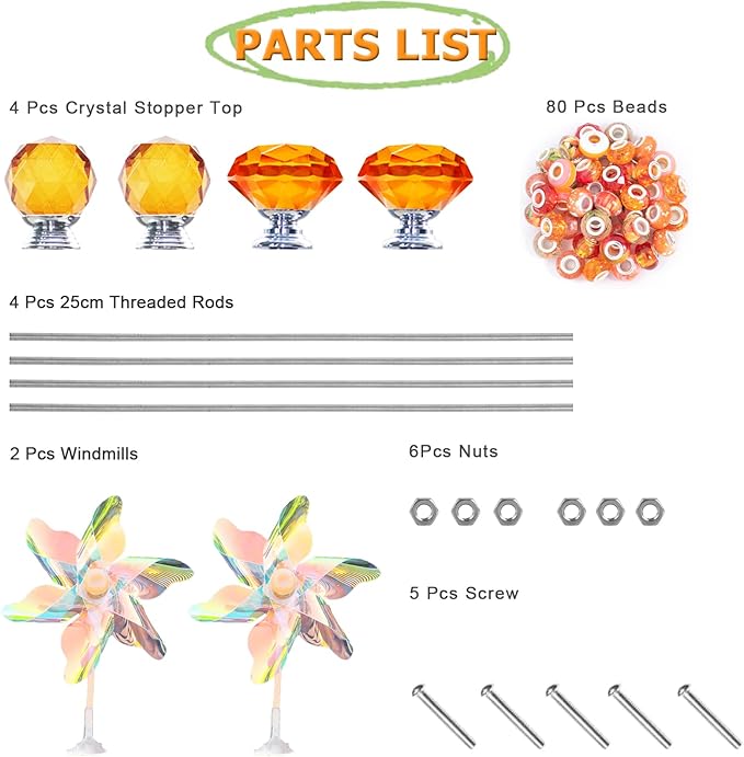 101 PCS Beaded Garden Stakes Kit, DIY Fairy Wand Garden Stake Beads Kits with Orange Large Hole Beads 4 Crystal Stopper Top Threaded Rods and 2 Colored Small Windmills for Outdoor Indoor Decor