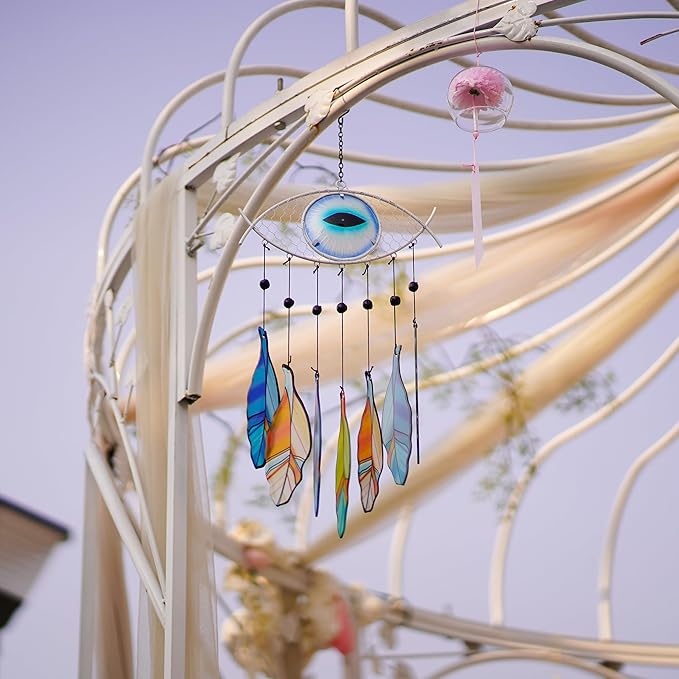 Metal Evil Eye Wind Chime，Evil Eye Wall Art Decor Colorful Glass and Metal Spiritual Wind Chimes for Outdoor Patio, Balcony, Garden, and Yard