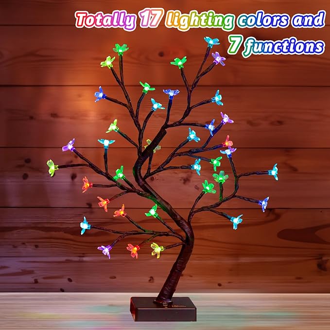 PEIDUO RGBW Cherry Blossom Tree, Light up Bonsai Tree 36 Color-Changing LED, Lit Spirit Tree Lamp with Controller for Christmas Indoor Home Bedroom Tabletop Decoration, USB/Battery Powered, 17.5 Inch
