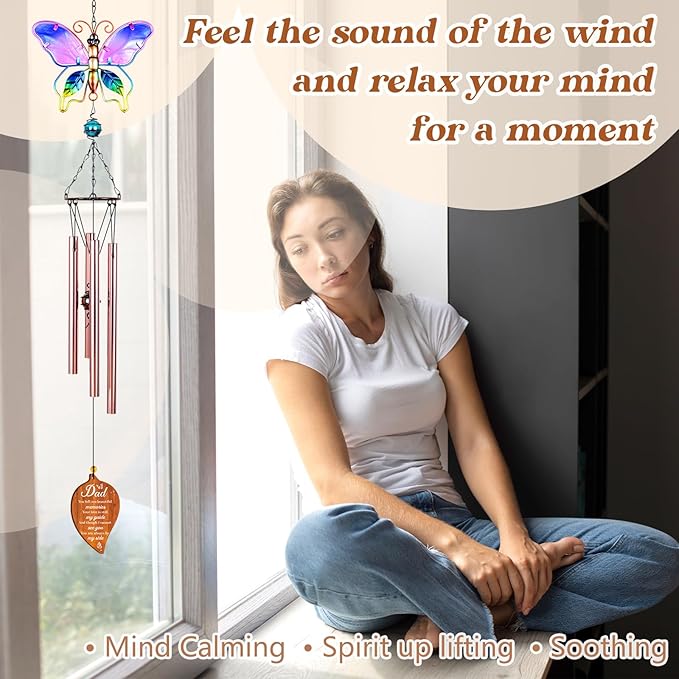 Butterfly Memorial Wind Chimes,Memorial Gifts for Loss of Dad,Loss of Father Sympathy Gifts,Bereavement Gift Ideas,Windchimes Outdoors,Healing Comfort Home Décor