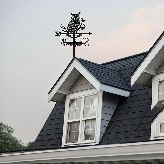 Owl Weathervane Metal Wind Vane Weathercock Garden Decoration Wind Direction Indicator Stake Roof Mount Ornament for Farmhouse Yard Outdoor
