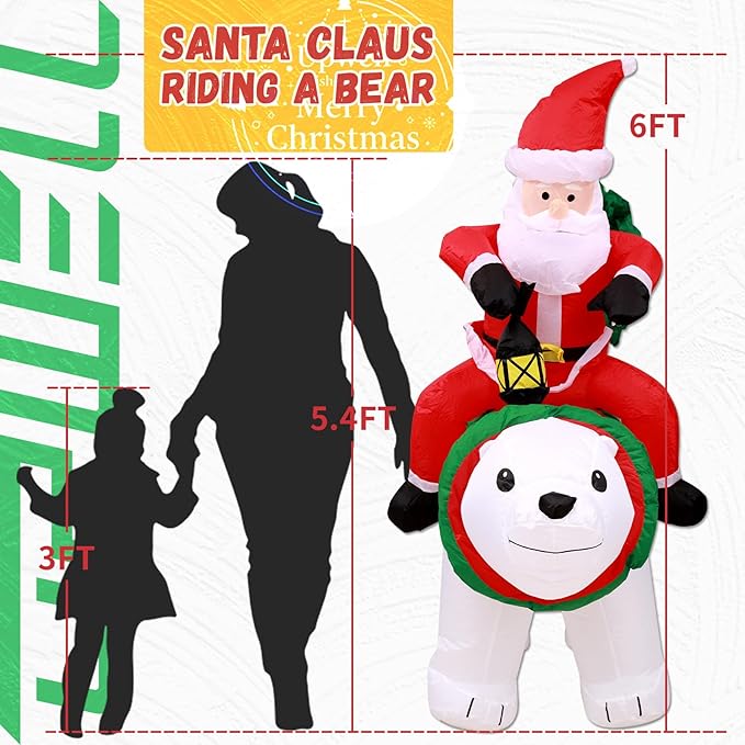 UPWELL 6FT Inflatable Santa Claus and Bear - Classic Outdoor Holiday Yard Decoration with LED Lights, Self-Inflating, Stable & Durable, Suitable for Christmas Decor & Events