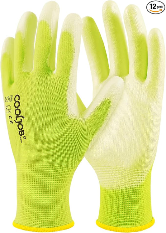 COOLJOB 12/60 Pairs Safety Work Gloves Pack Bulk with Grip PU Coating, 13 Gauge Seamless Knit Gloves with Polyurethane Dipped for Warehouse Working, Breathable Lightweight for Men Women, Yellow Small