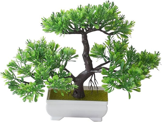 Mini Artificial Bonsai Tree Fake Plants - Artificial Plant Welcome Pine Treewith Plastic Cement Pots for Home Office Décor (Green)