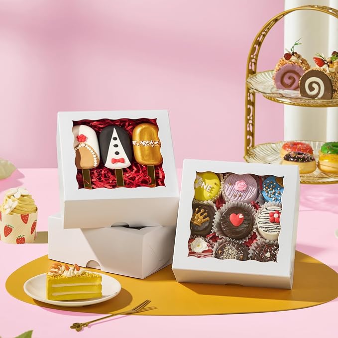 50 Pcs 6x6x2.5 Inches Cookies Boxes Bakery Boxes with Clear Window Chocolate Covered Strawberries Boxes Cake Pie BoxeTruffle Treat Boxes for Gift Cakesickle Browines Pasta Christmas