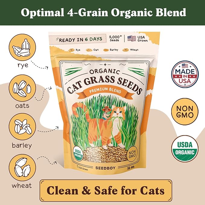 Seedboy Organic Cat Grass Seeds for Planting, Non-GMO Wheat, Oat, Rye, and Barley Cat Grass for Indoor Cats (16 oz)