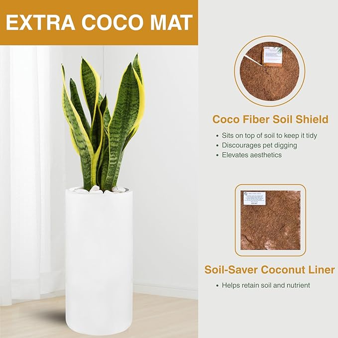 19.5"H x 9.8"D Tubo Fiberstone Cylinder Tall Planter, Christmas Tree Planter, Smooth Finishes, Weather Resistant for Indoor & Outdoor Use, Included 2 Extra Coco Mats (White,8.2" Pot Opening)