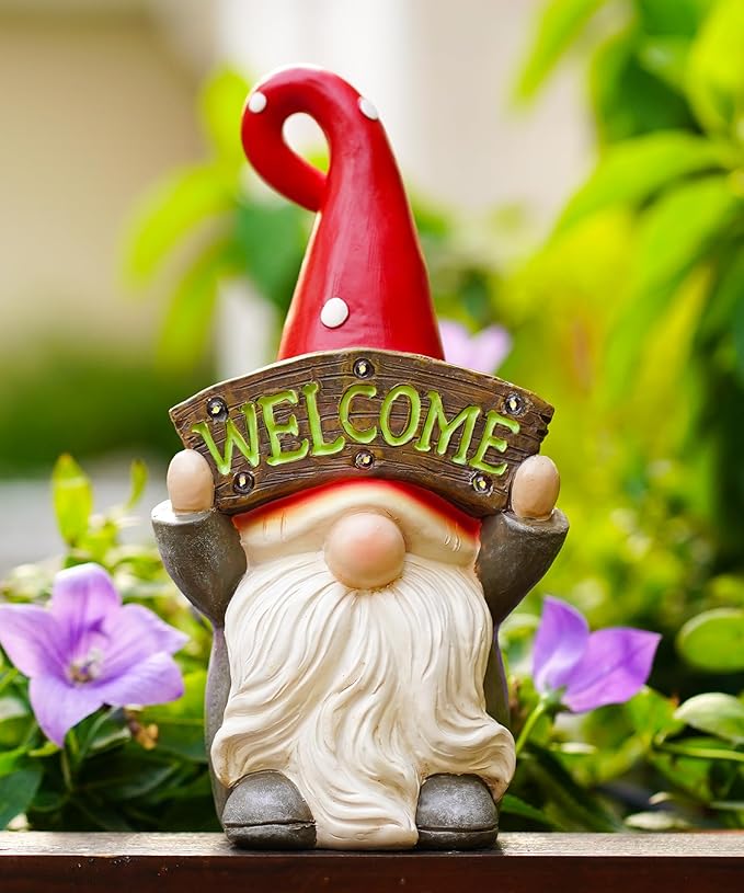 Nacome Solar Gnome Statue for Garden Decor: Outside Sculpture with Welcome Sign Clearance for Yard Art Lawn Ornaments Porch Patio Balcony - Birthday Gifts for Grandma Mom Women(Red)