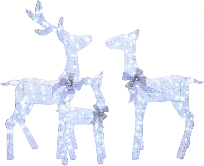 LuxenHome 3PCs Reindeer Christmas Decoration, Lighted Reindeer Family with Silver Bow and Ornament, 240 Cool White LED Lights, Front Porch Christmas Decorations Indoor & Outdoor Yard Decor