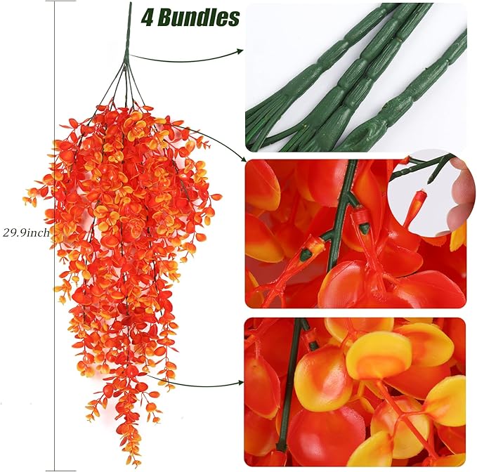 RECUTMS Faux Eucalyptus Leaf Artificial Hanging Plants 4 Pack Greenery Fake Plant for Wall House Room Patio Indoor Outdoor Home Shelf Office Decor (Gold)