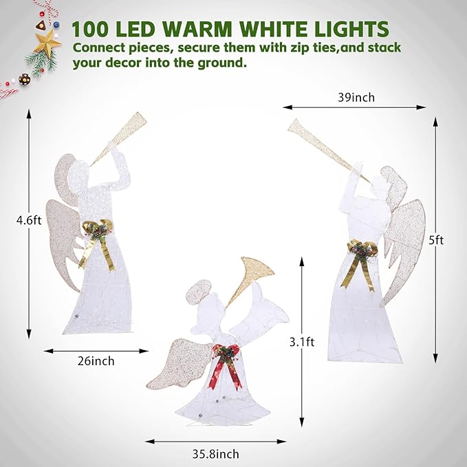Christmas Outdoor Decorations Lighted Angel Family Set of 3 Christmas Warm Lights Outside Decor 5FT Angel with Trumpet, Outdoor Holiday Decorations for Home, Yard, Garden, Party