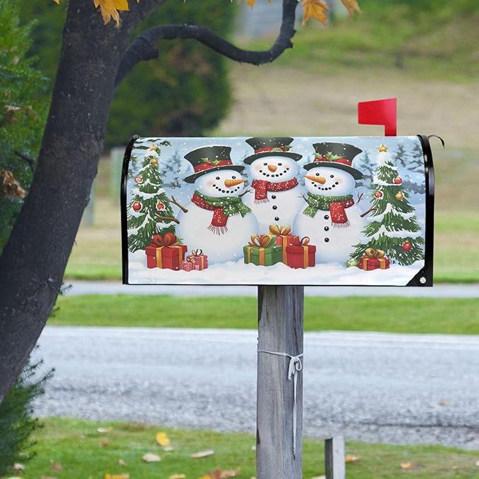 SUABO Mailbox Cover Three Christmas Snowman Oversize Magnetic Mailbox Covers Wraps for Christmas Home Yard Garden Decor