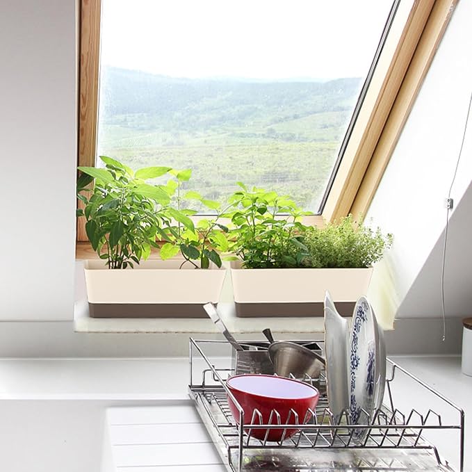 Window Box Planter with Tray, 12" Rectangle Plant Pot, Pack of 2 (Beige)