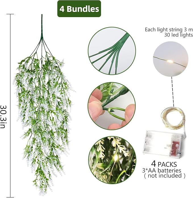 RECUTMS Artificial Ferns Hanging Baskets Lights Outside Lavender Real Plant in Basket Synthetic Plants 4pcs (White)