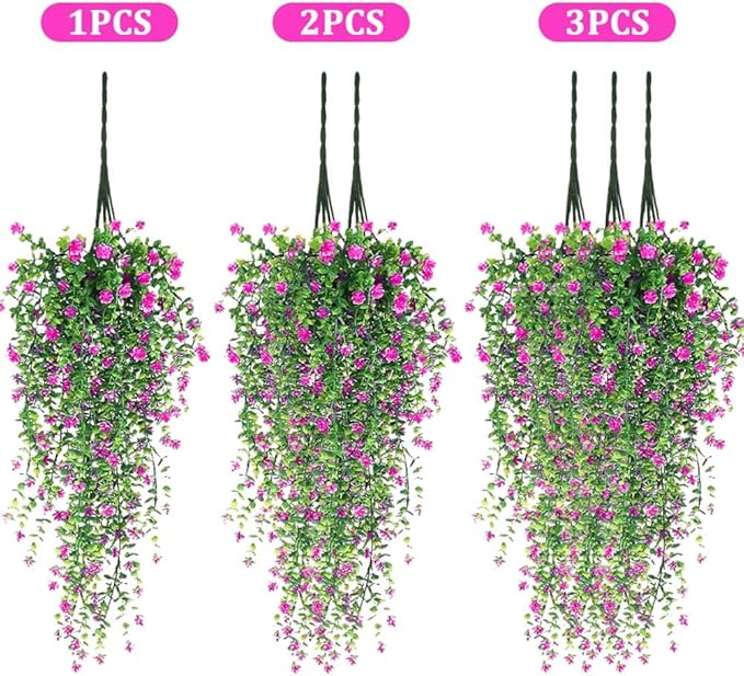 Artificial Hanging Flowers, 3 Pcs Fake Hanging Plants Decor, Artificial Vines for Outdoors, UV Resistant No Fade Artificial Plants Suitable for Indoor Decoration Outdoor Porch Courtyard (red lotus)