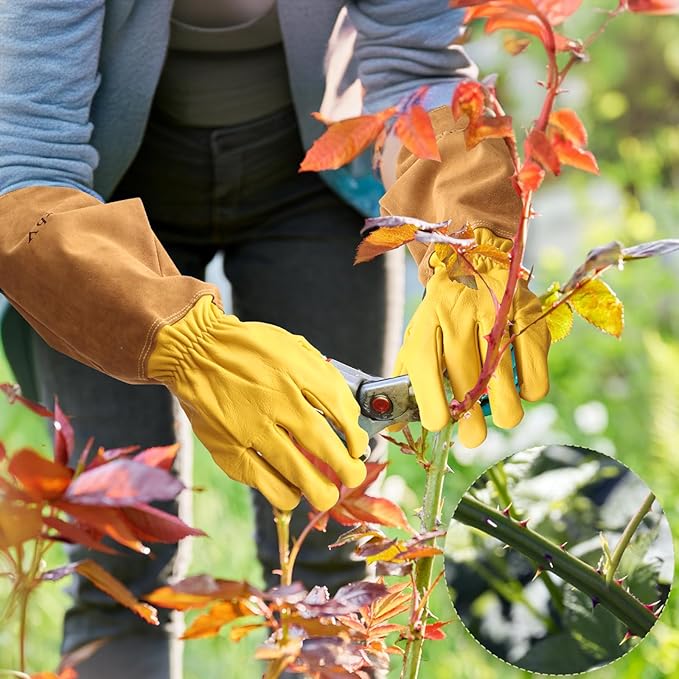 Long Gardening Gloves Women/Men Thorn Proof Rose Pruning Gauntlet Cactus Gloves Goatskin/Cowhide Garden Gloves(1 Pair)