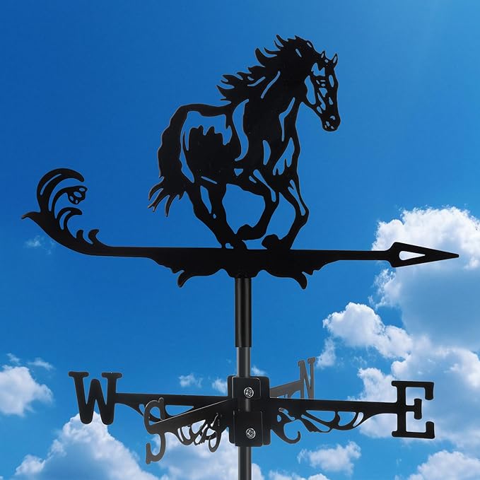 Black Metal Weathervane,Stainless Steel Horse Weather Vane Roof Mount, Wind Direction Indicators Wind Measuring Tool Outdoor, Wind Vane Ornament Decoration for Shed Garden Yard Farmhouse Patio Decor