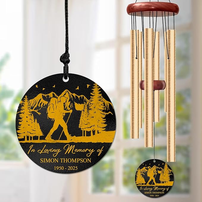 Personalized Hiker Memorial Wind Chime – “in Loving Memory” Custom Engraved Name & Years – Remembrance Windchime for Nature Lovers – Sympathy Gift for Campers & Travelers – Memorial Garden Décor