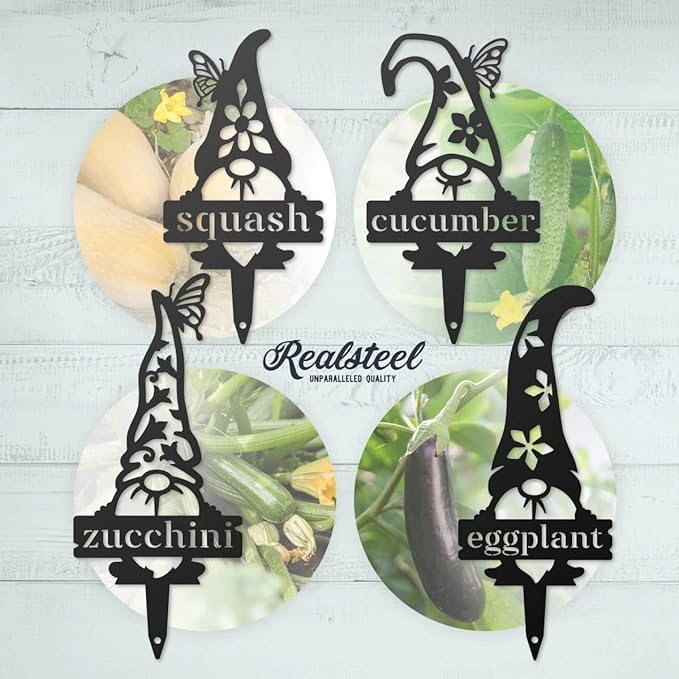 RealSteel 5 Pack Gnome Garden Labels – Vegetable & Plant Markers for Outdoor Plants, Herb & Flower Gardens – Weatherproof Metal Garden Décor