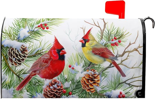 Winter Birds Mailbox Cover with Magnetic Christmas Tree Holly Branches Red Berry Pine Cone Mailbox Wrap Post Cover Large Size 25.5x21 Inch for Garden Yard Outdoor Patio Hew Year Decor