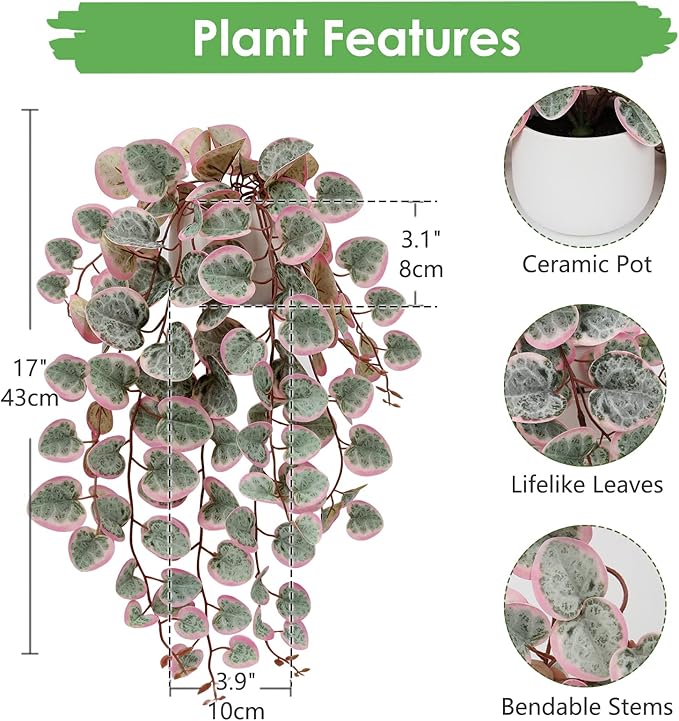 Briful Fake Plants Indoor 16'' Artificial String of Hearts Plants with Ceramic Pot Small Faux Draping Vine Plants for Home Bathroom Table Shelf Office Hotel Decor(Pink)