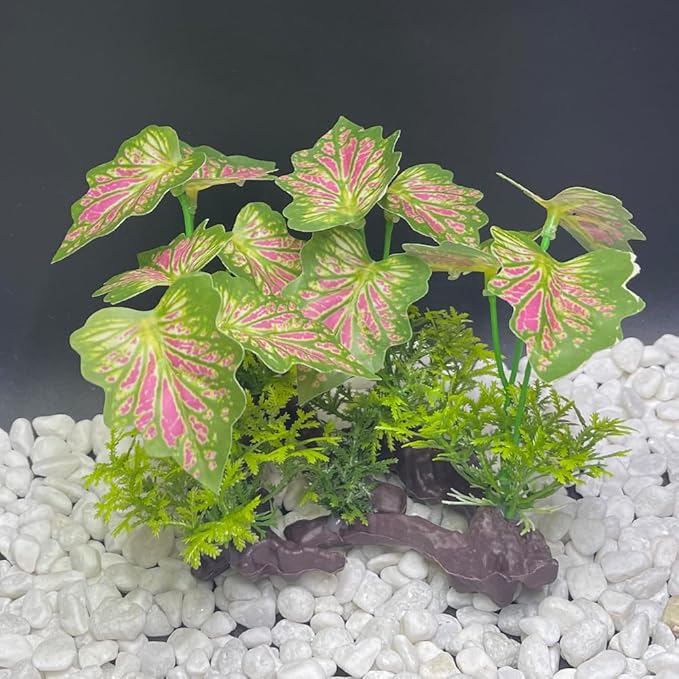 Smoothedo-Pets Aquarium Plant Fish Tank Decoration Small Plastic Artificial Plant Goldfish Fish Hide (Rainforest Leafs-Pink-Small-Set)