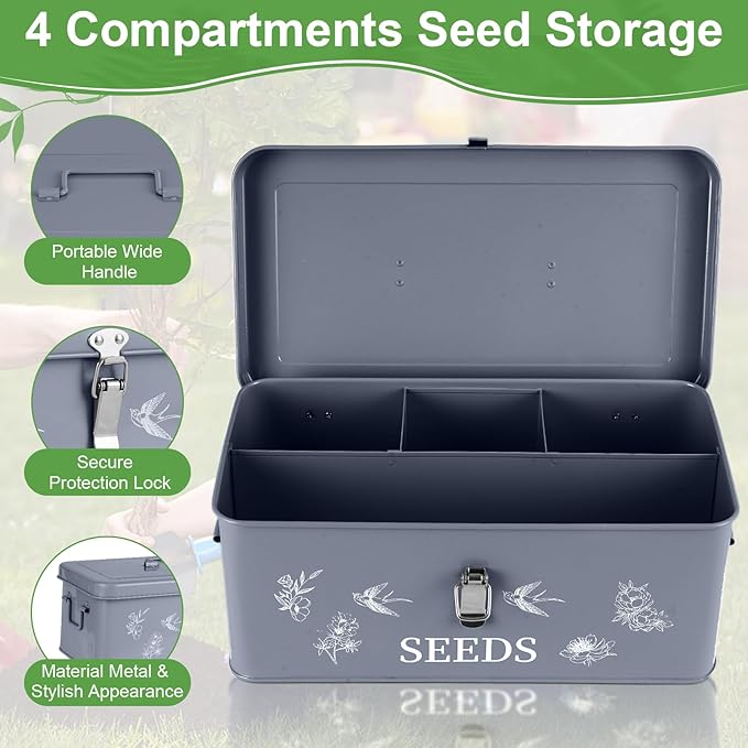 FACULX Seed Organizer Storage Box, Seed Saver Kit with 40 Plant Labels and 40 Seed Envelopes, Metal Seed Storage Organizer, Seed Saving Box, Seed Packet Container, Large, Grey