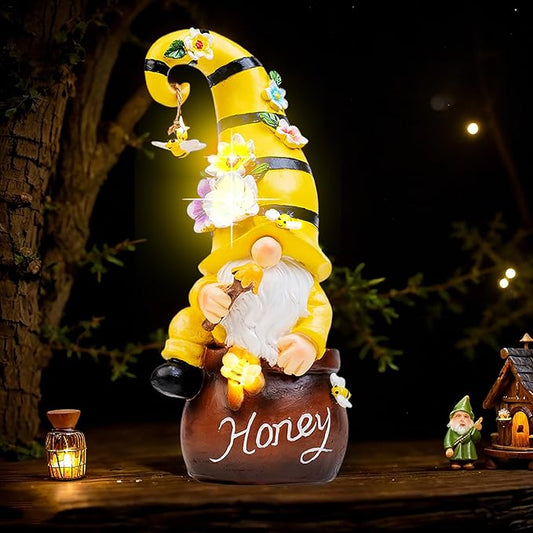 Birthday Gifts from Daughter Son - 13" Garden Solar Spring Gnomes Statues Outdoor Spring Decor with LED Lighted Bee and Flowers Funny Garden Sculpture for Patio Yard Lawn Decorations Gifts