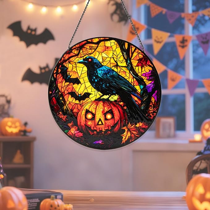 Stained Glass Window Hanging, Halloween Decorations Evil Crow Pumpkin Maple Leaf Suncatcher for Doors Garden Indoor Funny Spooky Sun Catchers Gothic Decor for Women, Men, and Mom 8 in
